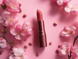 parte superior ver de bonito rosado lápiz labial en rosado antecedentes con flores generativo ai foto