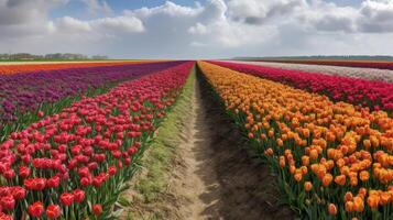 Colorful open field with beautiful tulips. photo