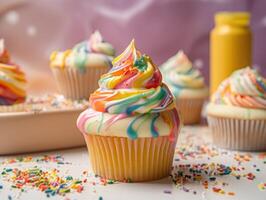 Festive Cupcake Frosting Top with Sprinkles. photo