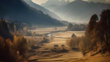 Image of mountain valley with mountains and a forest. . photo