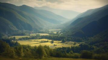 Image of mountain valley with mountains and a forest. . photo