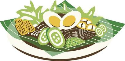 Noodles with vegetables and eggs on a plate. Vector illustration