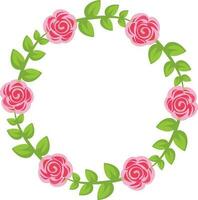 Round frame with pink roses on white background. Vector illustration in flat style.