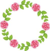 Round frame with pink roses on white background. Vector illustration in flat style.