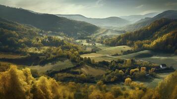 Image of mountain valley with mountains and a forest. . photo