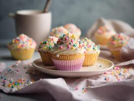 Festive Cupcake Frosting Top with Sprinkles. photo