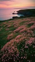 Shoreline covered in pink flowers by the sea. Generaitve AI photo