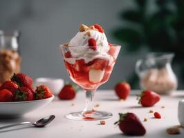 hielo crema helado con frutas y nueces con fresa salsa en blanco mesa. generativo ai foto