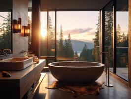 Modern trendy bathroom with bath tub, open large window with natural view outside. Generative AI photo