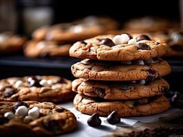 Tasty homemade chocolate cookies on wooden table. photo