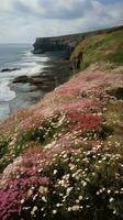 orilla cubierto en rosado flores por el mar. generativo ai foto