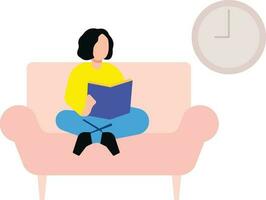 The girl is sitting on the sofa reading a book. vector