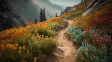 trail leading onto mountains with flowering meadows. . photo