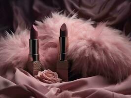 glamorous pink lipstick on fur background. Generative AI photo