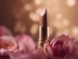 maravilloso rosado lápiz labial con floral antecedentes. generativo ai foto