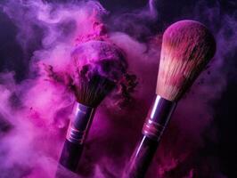 Make up brush with purple powder isolated on black background. Generative AI photo