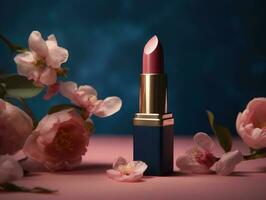 Beautiful pink lipstick with blue luxury case and pink flowers. Generative AI photo