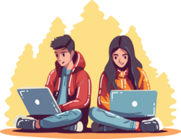 Hand Drawn couple sitting and using laptop in flat style png