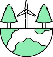 Flat Style Windmill With Tree In Half Globe Green And White Icon. vector