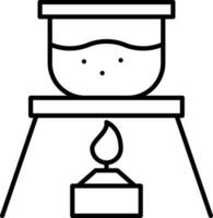 Chemical Flask At Burner Icon In Black Line Art. vector