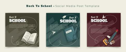 Set of social media post template with blackboard and book for back to school campaign design vector