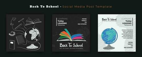 Set of social media post with black white background and school stationary in chalk effect design vector