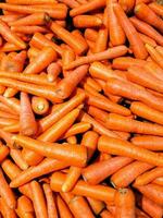 selectivo ver de Fresco maduro naranja zanahorias metido en puesto en local supermercado foto