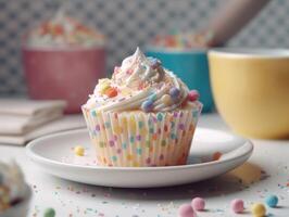 Festive Cupcake Frosting Top with Sprinkles. photo