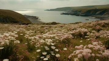 Shoreline covered in pink flowers by the sea. Generaitve AI photo