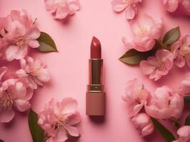 parte superior ver de bonito rosado lápiz labial en rosado antecedentes con flores generativo ai foto