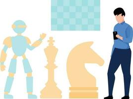 A boy is playing chess with a robot. vector