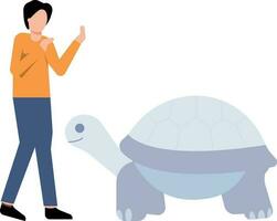 The boy is looking at the turtle. vector