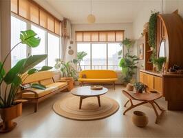 amarillo japonés estilo vivo habitación con de madera decoración. generativo ai foto