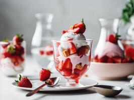 hielo crema helado con frutas y nueces con fresa salsa en blanco mesa. generativo ai foto