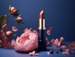 Beautiful pink lipstick with blue luxury case and pink flowers. Generative AI photo