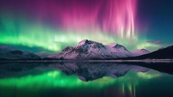 Beautiful Northern Lights above mountain and river. photo