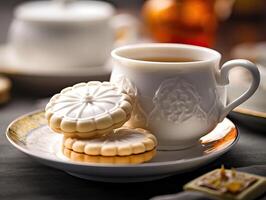 hecho en casa Mantecada galletas con frutas y té en el mesa. generativo ai foto