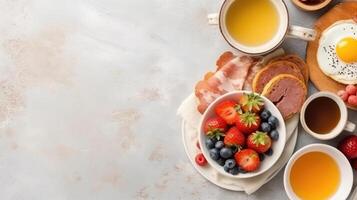 Top view of tasty english breakfast on the table with copy space. photo