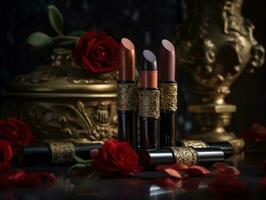 luxurious red lipstick on dark background. Generative AI photo