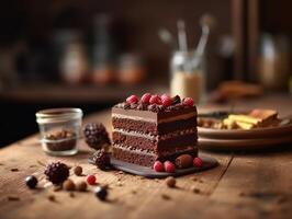 tasty homemade chocolate cake on table. photo