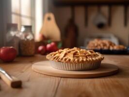 Homemade apple pie on wooden background. photo
