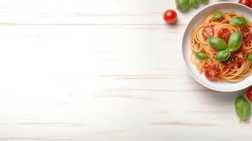 Top view of beautiful delicious tomato spaghetti with copy space, famous Italian dish. photo