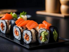 A plate of appetising sushi rolls with slice of salmon on top. photo