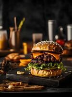 Delicious cheeseburger with cheese, lettuce and tomato on black background. photo