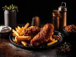 Crispy golden fried chicken with a side of fries photo
