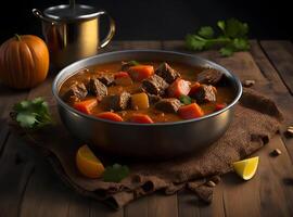 Curried beef stew in flat lay. photo