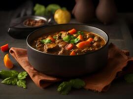 Curried beef stew in flat lay. photo