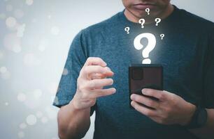 Business people use mobile, to find the information they have questions about online. the concept of global data connection with technology internet, big data, information search, online marketing photo