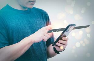 Information search technology, search engine optimization, male hand using a smartphone to search information, using search bar function on your website photo