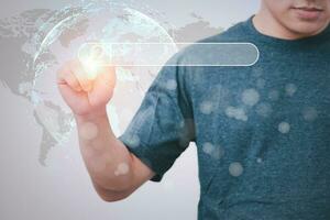 Information search technology, search engine optimization, male hand using a smartphone to search information, using search bar function on your website photo
